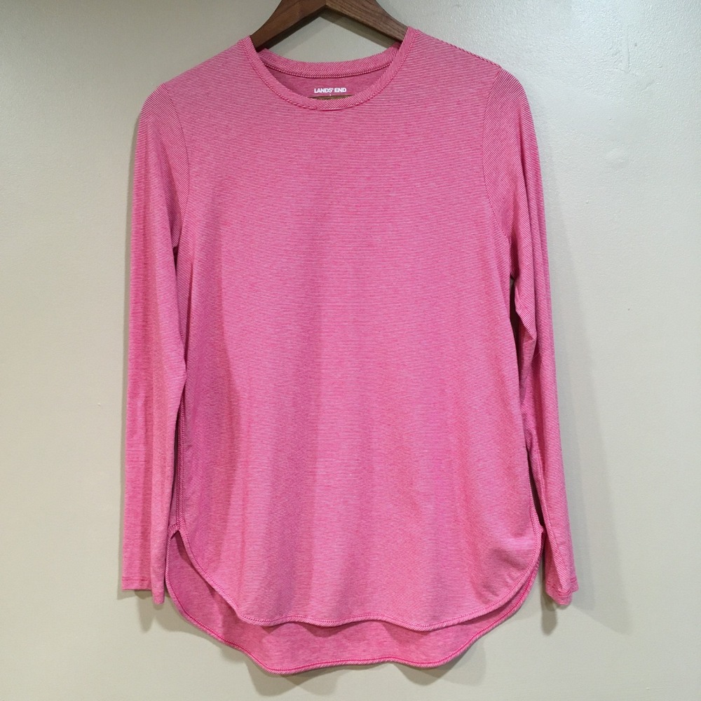 Lands End Striped Long Sleeve Crewneck T-Shirt Womens S Pink Preppy Casual Layer
